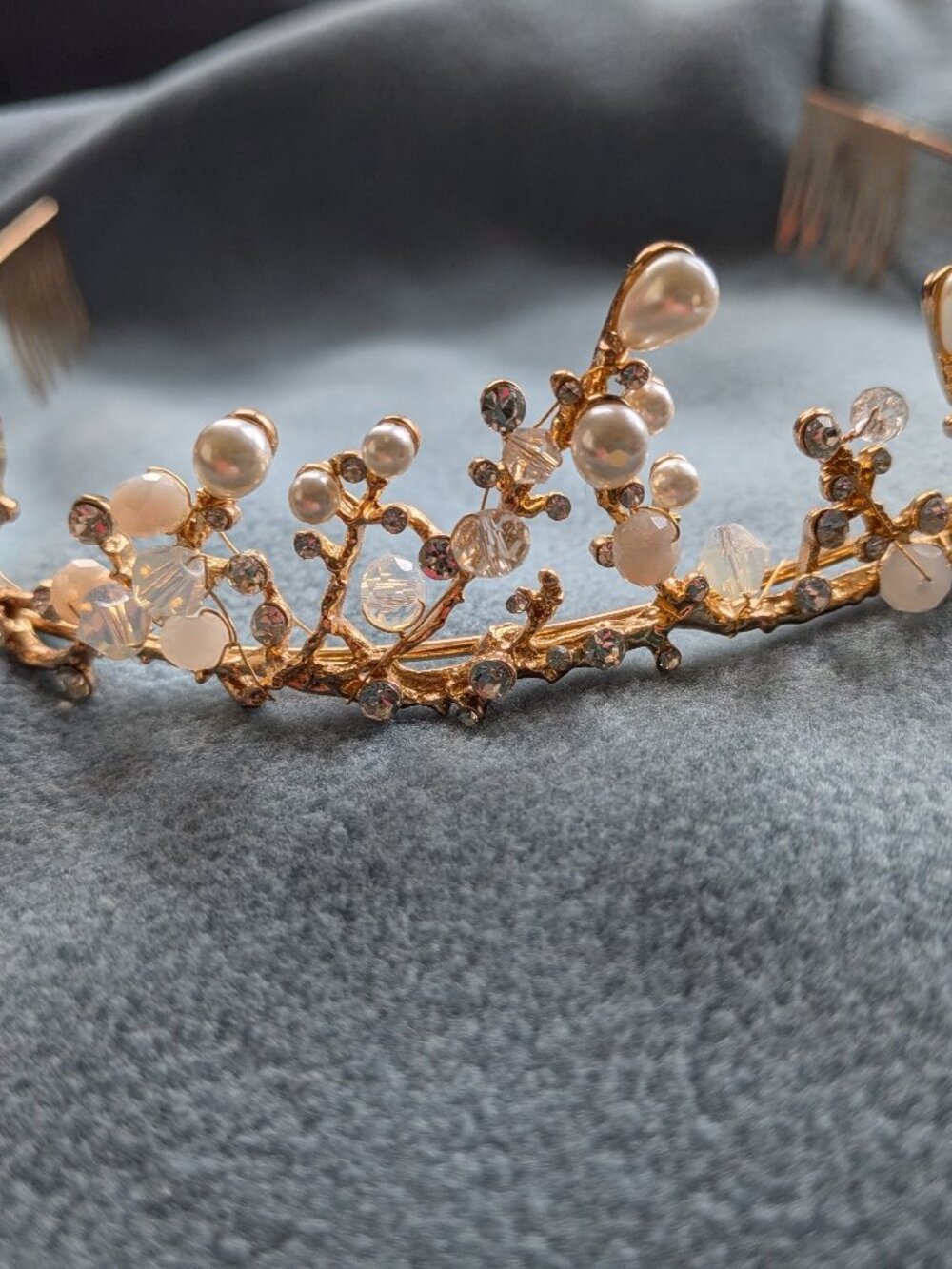 Champagne Gold Pearl & Opal Branch Bridal Tiara Woodland Wedding Crown